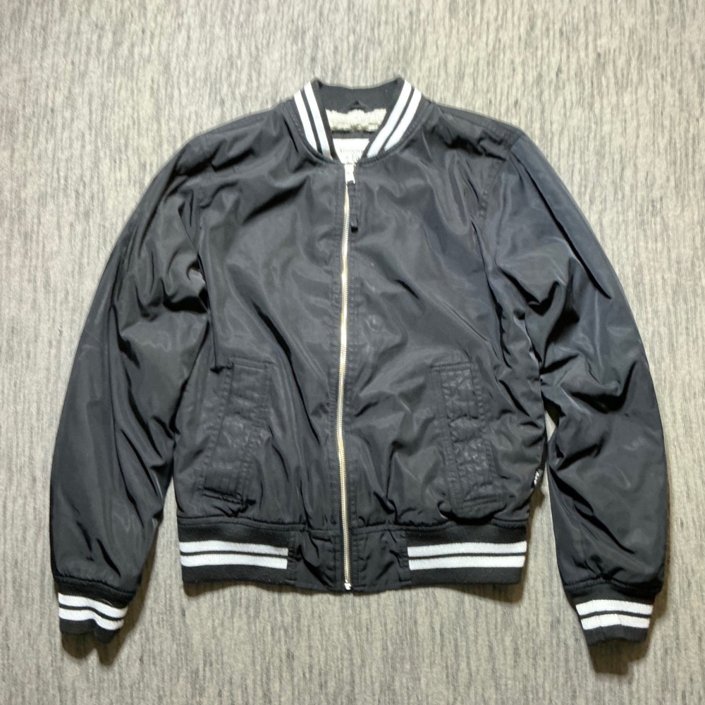 Abercrombie & Fitch Mens XS Black Sherpa Lined Bomber Jacket Varsity Striped